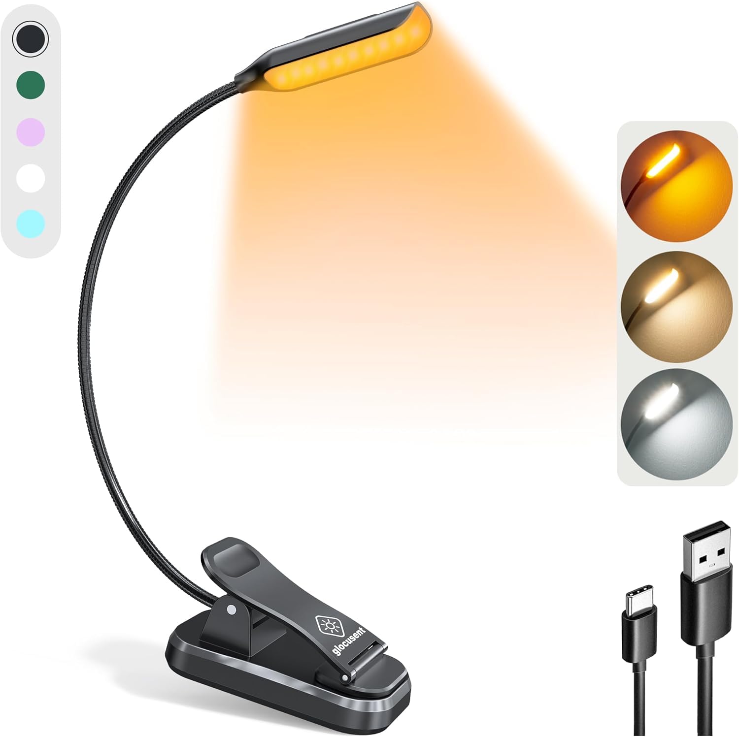 Glocusent Lightweight Rechargeable 10 Led Amber Book Light For Reading In Bed, Clip-On Eyecare Warm Reading Light Up To 80Hrs, 3 Brightness