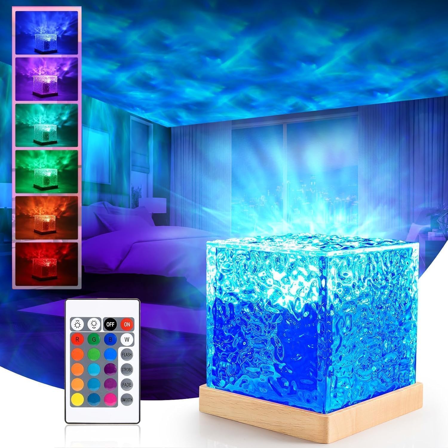 Dotcom Ocean Wave Night Light Projector – 3D Acrylic LED Lamp with Water Wave Effect | Remote-Controlled Cube Shape Mood Light for Bedroom D