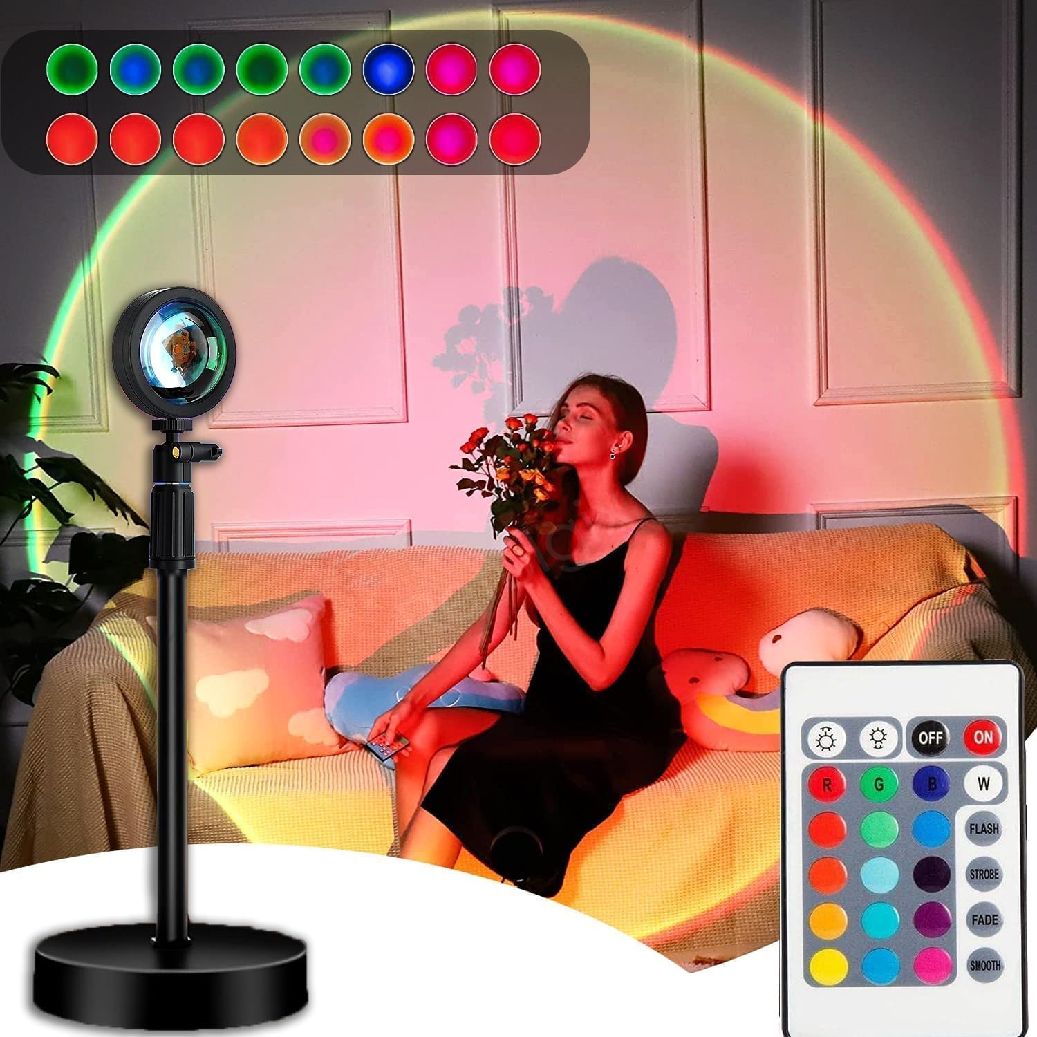 MoonlitDreams RGB Sunset Projection Lamp – 16 Color Modes LED Night Light with Remote for Bedroom, Romantic Decor, Valentine Day Gift, Love