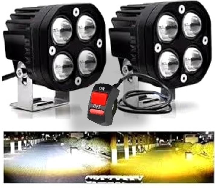 80W Yellow-White Super Bright LED fog light for Bike/Car and SUV, 4 LED DRIVING LAMP with low/high beam (Pack of 2 Pcs. With Clamp)