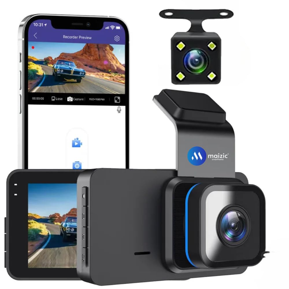 Maizic Smarthome Navic Duo 4K Car DashCam | 3.4" LCD | G-Sensor | Built-in Wi-Fi, GPS | Ultra Wide-Angle Lens | Night Vision | Dual Channel: