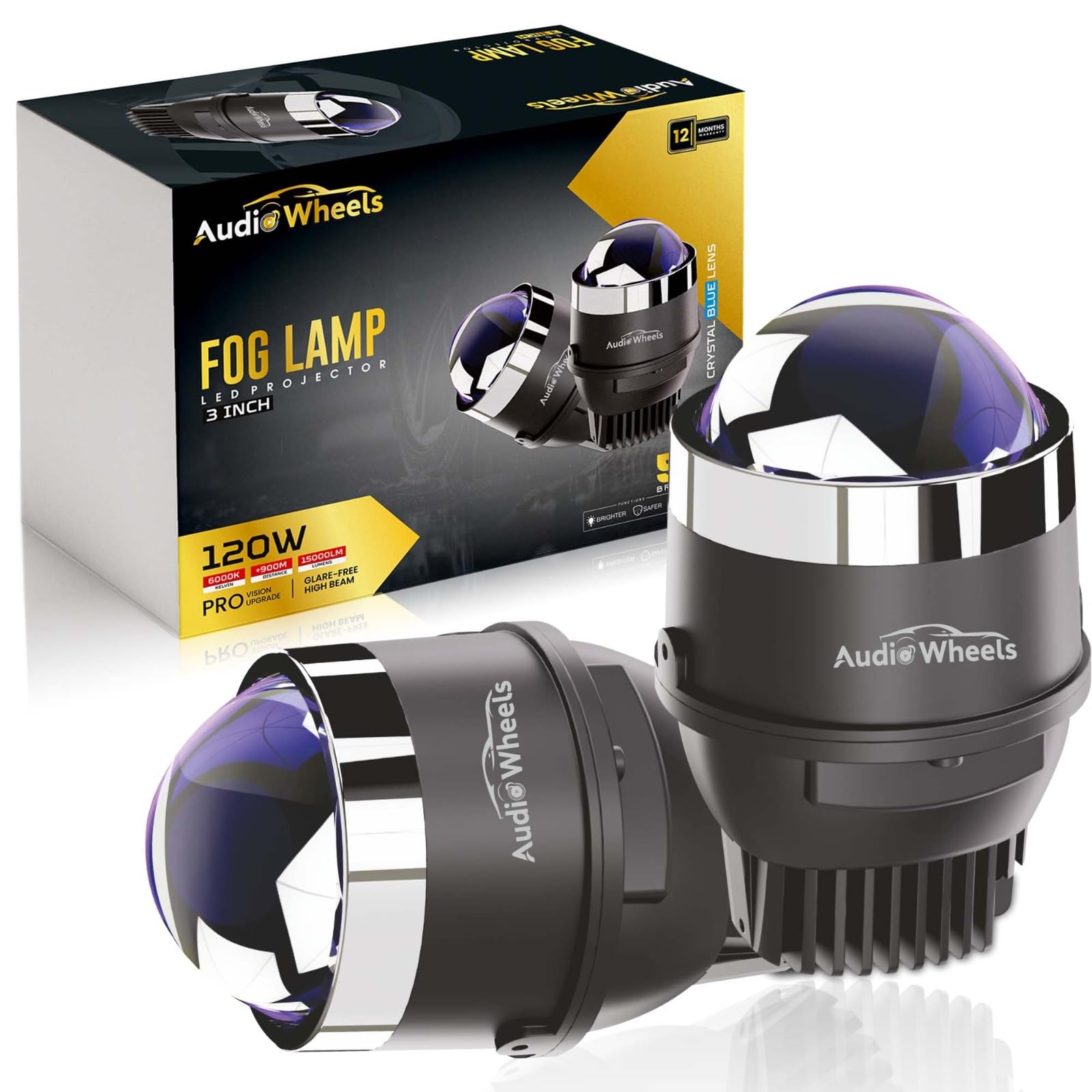 Audio Wheels 3 Inch Universal Projector Fog Lamp - 120W Tri-Color (White, Warm White, Yellow) | 15000LM | LED Projector Fog Light | 12V/24V