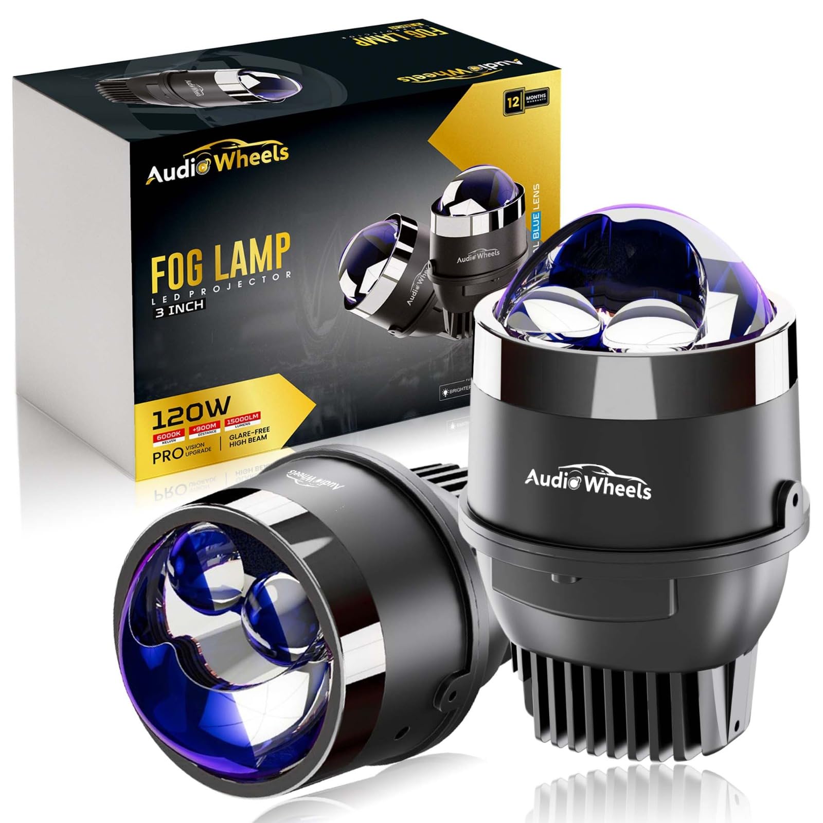 Audio Wheels 3 Inch Universal LED Projector Projector Fog Lamp - 120W Dual-Beam | White -6000K | 15,000LM | Blue Film Lens | 12V/24V Car Dri