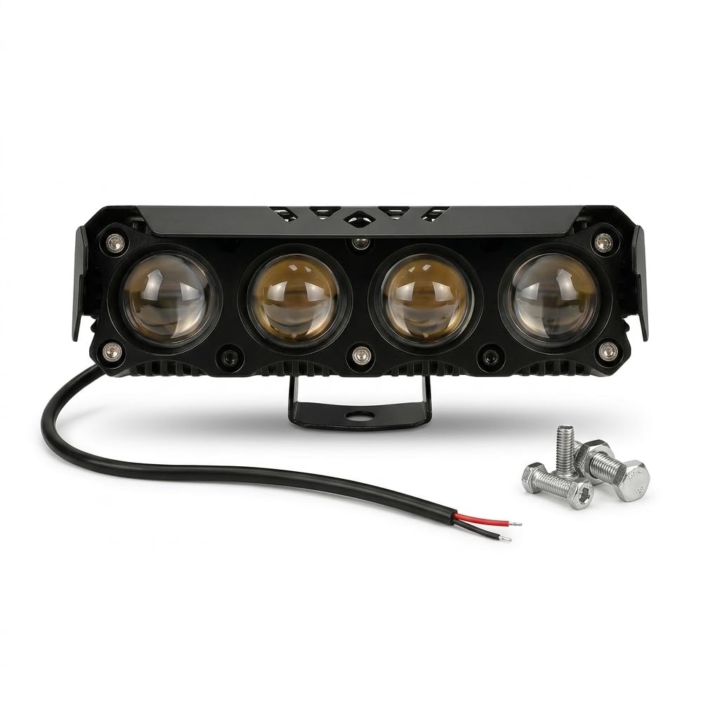 4 Lens LED Auxiliary Fog Light 40W for Motorcycle | 12V Waterproof Driving Lamp | Black Metal Body | Universal Fit Spotlight | With Mounting